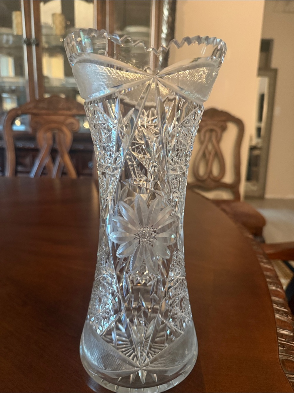 American brilliant period crystal corset vase. 12 in high 5.5 inch diameter.